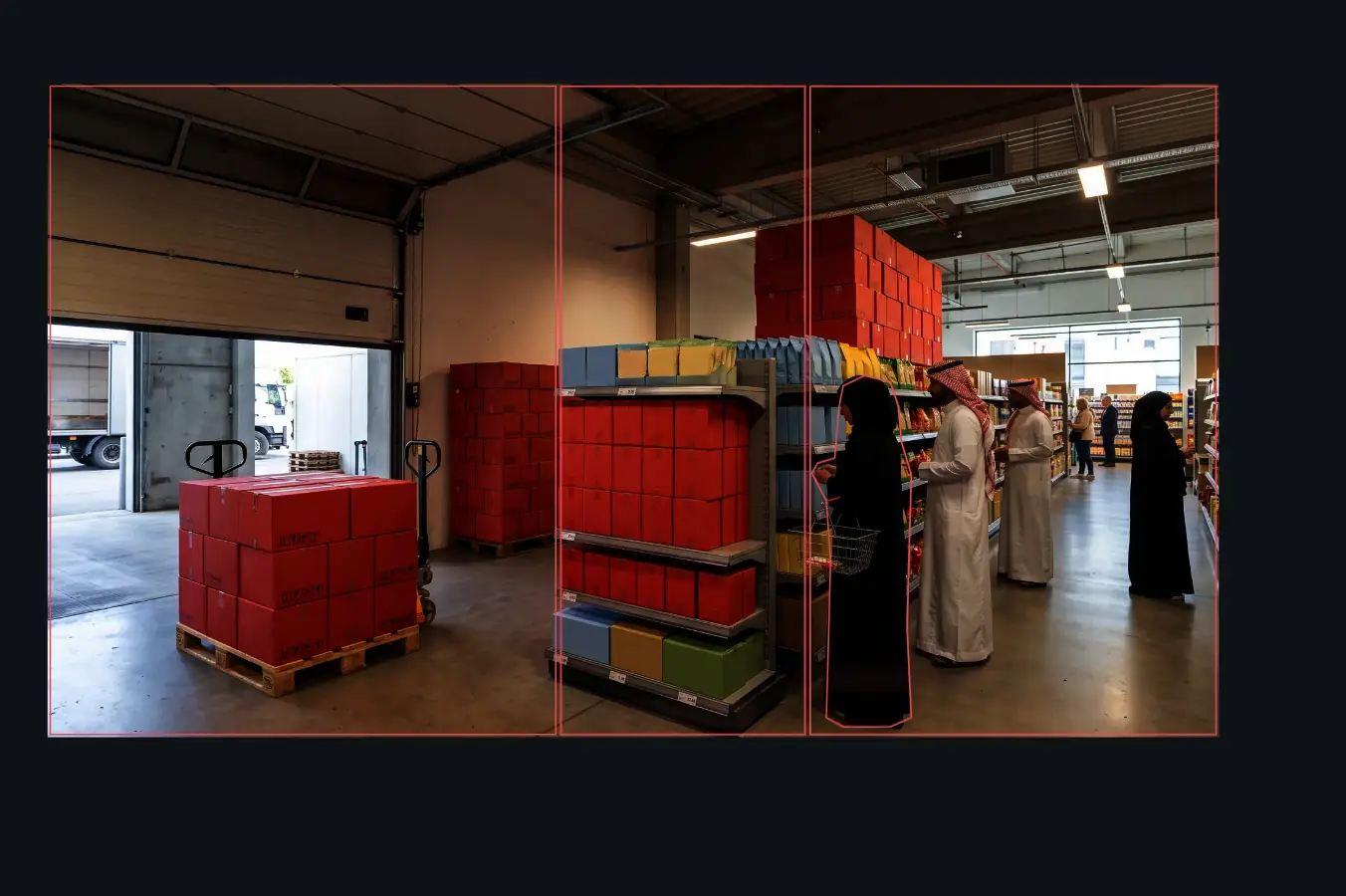 A warehouse door, a shelf, an aisle with shoppers and a thought bubble, with every source in place